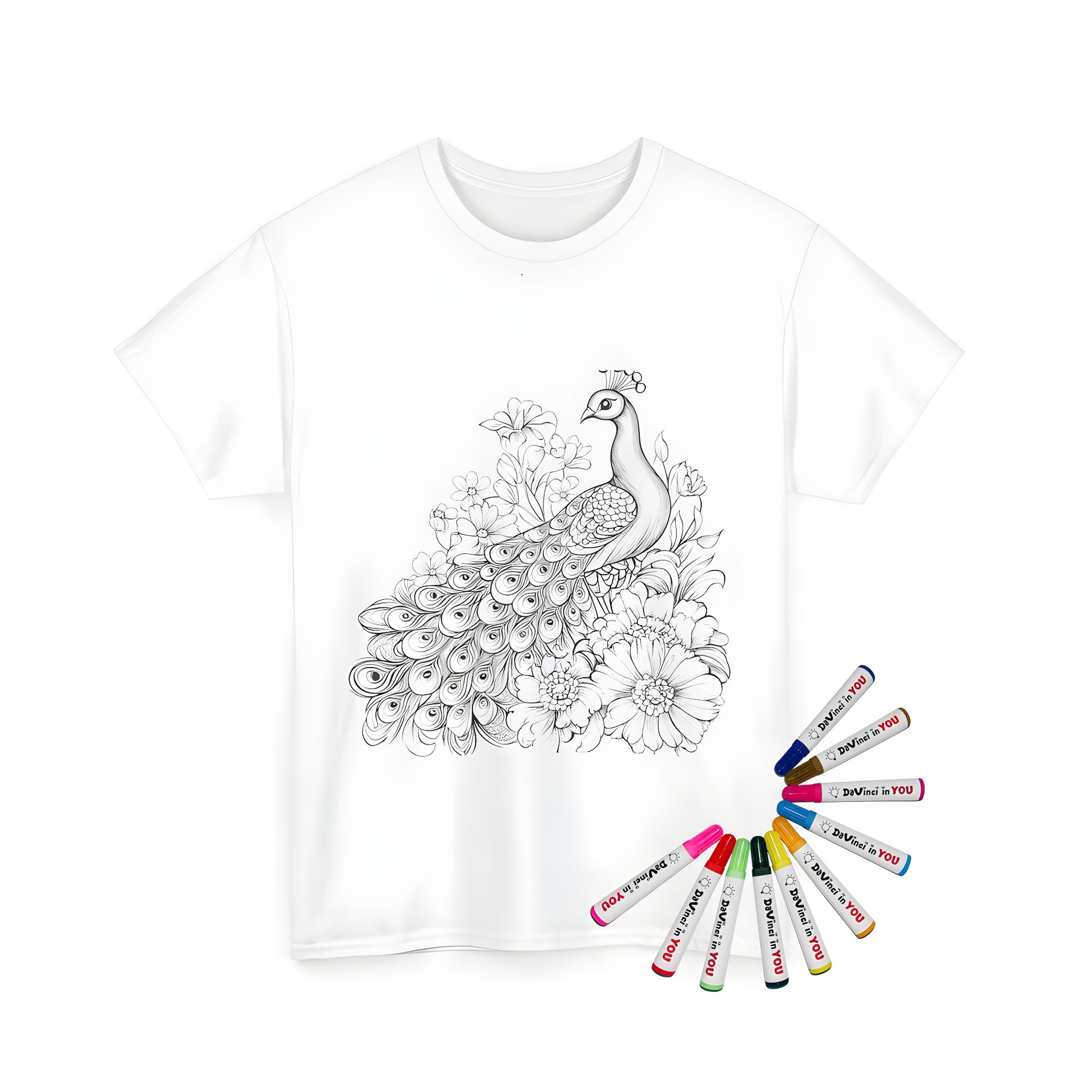 Unisex t-shirt featuring an intricate black and white drawing of a majestic peacock surrounded by blooming flowers. Perfect for fans of nature-inspired art, this design showcases detailed feather patterns and floral motifs.