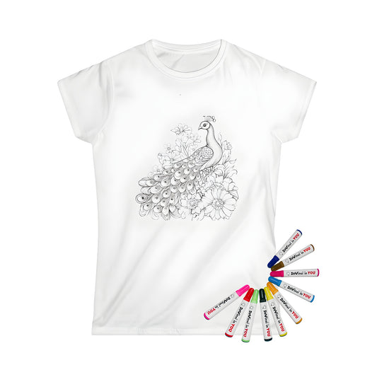 Women's t-shirt featuring an intricate peacock surrounded by flowers, detailed drawing art design