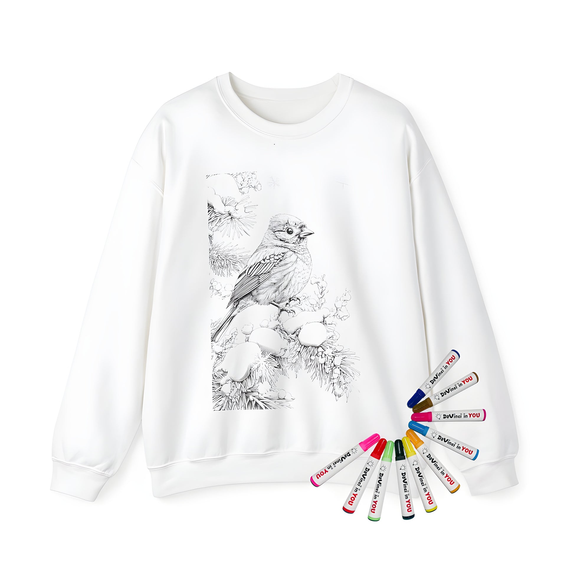 Adult sweatshirt featuring a detailed drawing of a bird perched on a snow-covered branch with intricate snowflake patterns in the background. Includes fabric markers for creative expression.