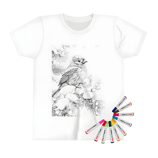 A fun and colorful kid's t-shirt featuring an illustration of a bird perched on a snow-covered branch with intricate snowflake patterns in the background. Perfect for little ones who love animals, winter scenes, and creative expression.