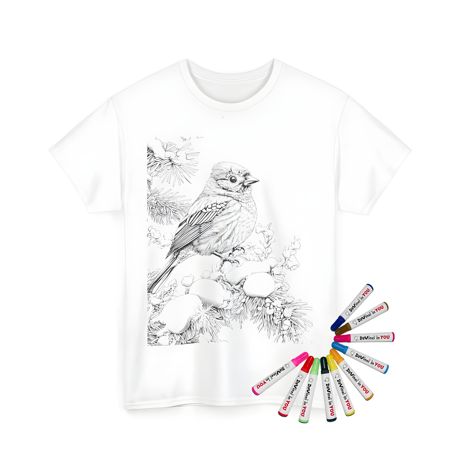 Bird perched on snowy branch artwork printed on Unisex T-shirt