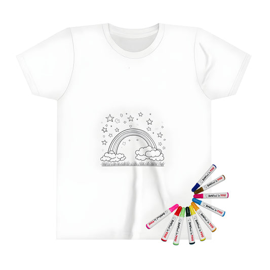 Whimsical kid's t-shirt featuring a colorful rainbow, fluffy cumulus clouds, shining starlight, and dreamy design - perfect for little ones who love art and imagination.