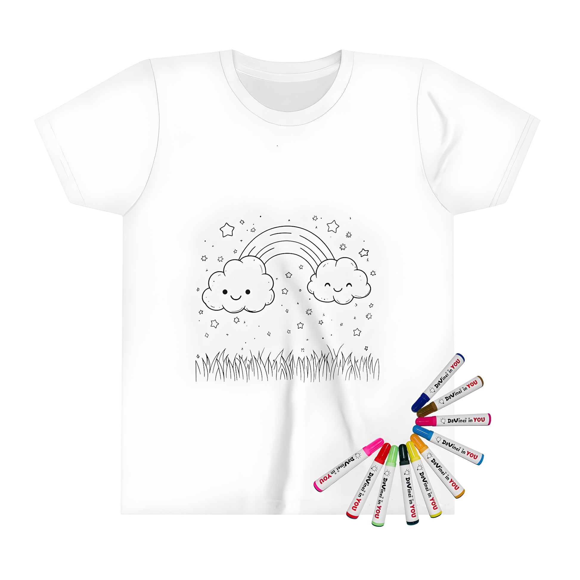 Kid's T-shirt with colorful cloud rainbow design, featuring smiling clouds, stars, and grass. Perfect for kids and nature lovers.