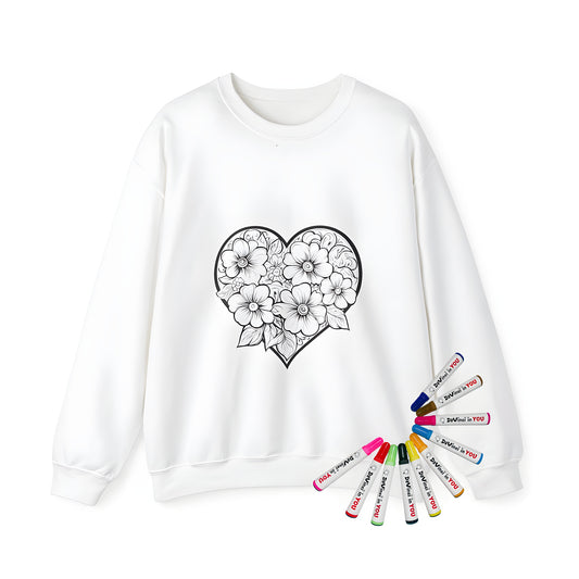 Adult sweatshirt featuring a vibrant heart-shaped illustration filled with delicate floral patterns for a beautiful and intricate design.