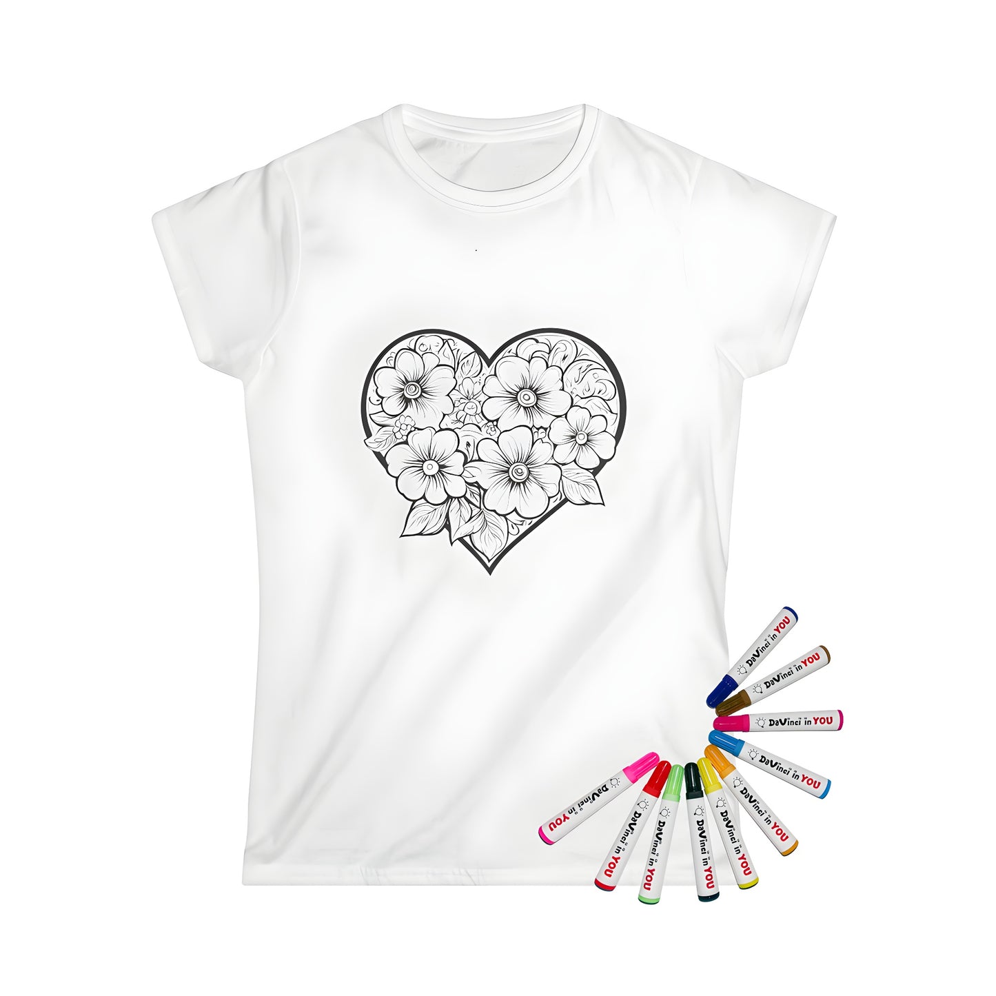 Women's t-shirt featuring colorful floral heart pattern and intricate details