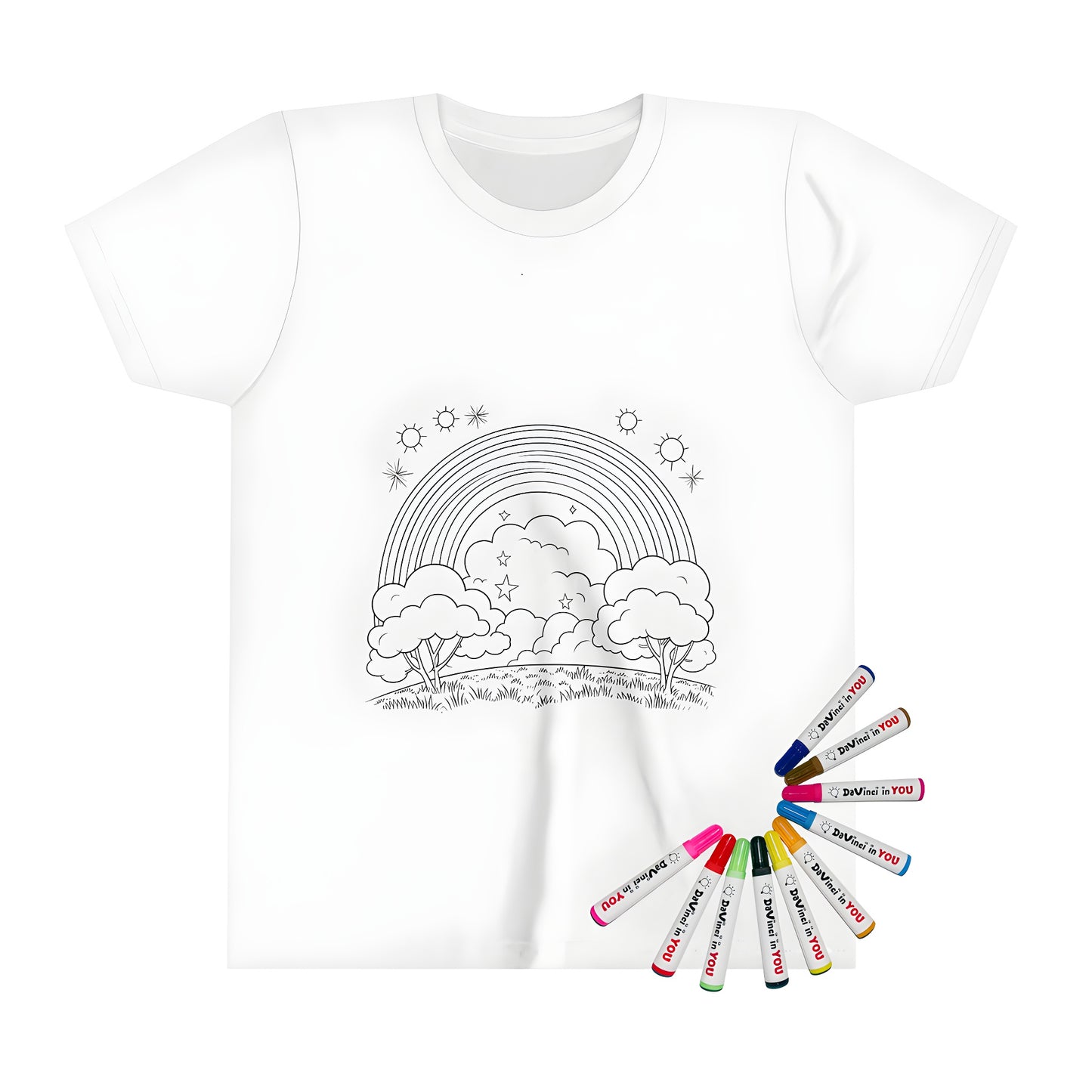 Colorful kid's t-shirt featuring line art of a lush landscape with a vibrant rainbow arching over fluffy white clouds, trees, sun, and twinkling stars.