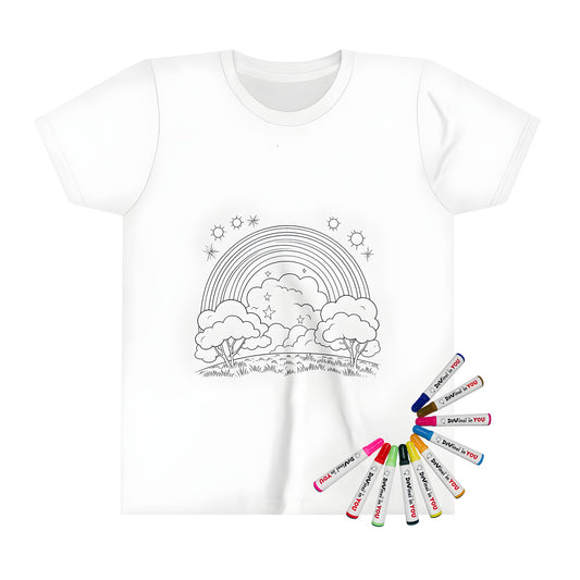 Colorful kid's t-shirt featuring line art of a lush landscape with a vibrant rainbow arching over fluffy white clouds, trees, sun, and twinkling stars.