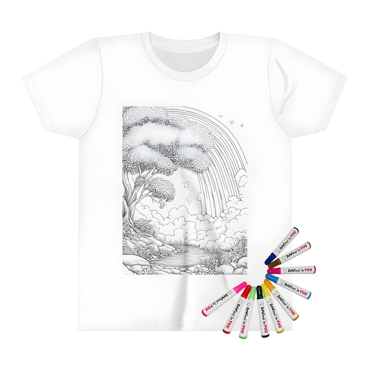 Coloring page inspired kid's t-shirt with vibrant rainbow over serene forest scene, featuring fluffy clouds and tranquil pond.