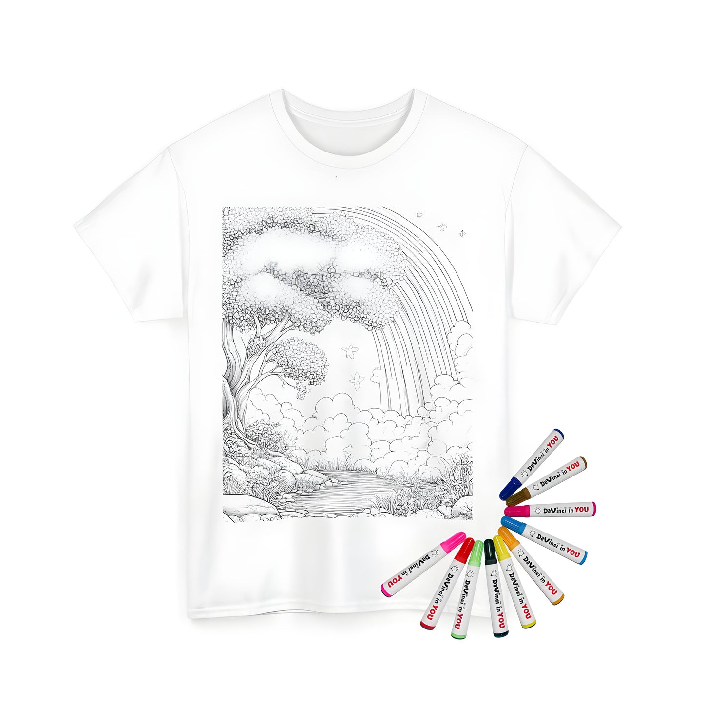 Unisex T-shirt with serene forest scene and rainbow design