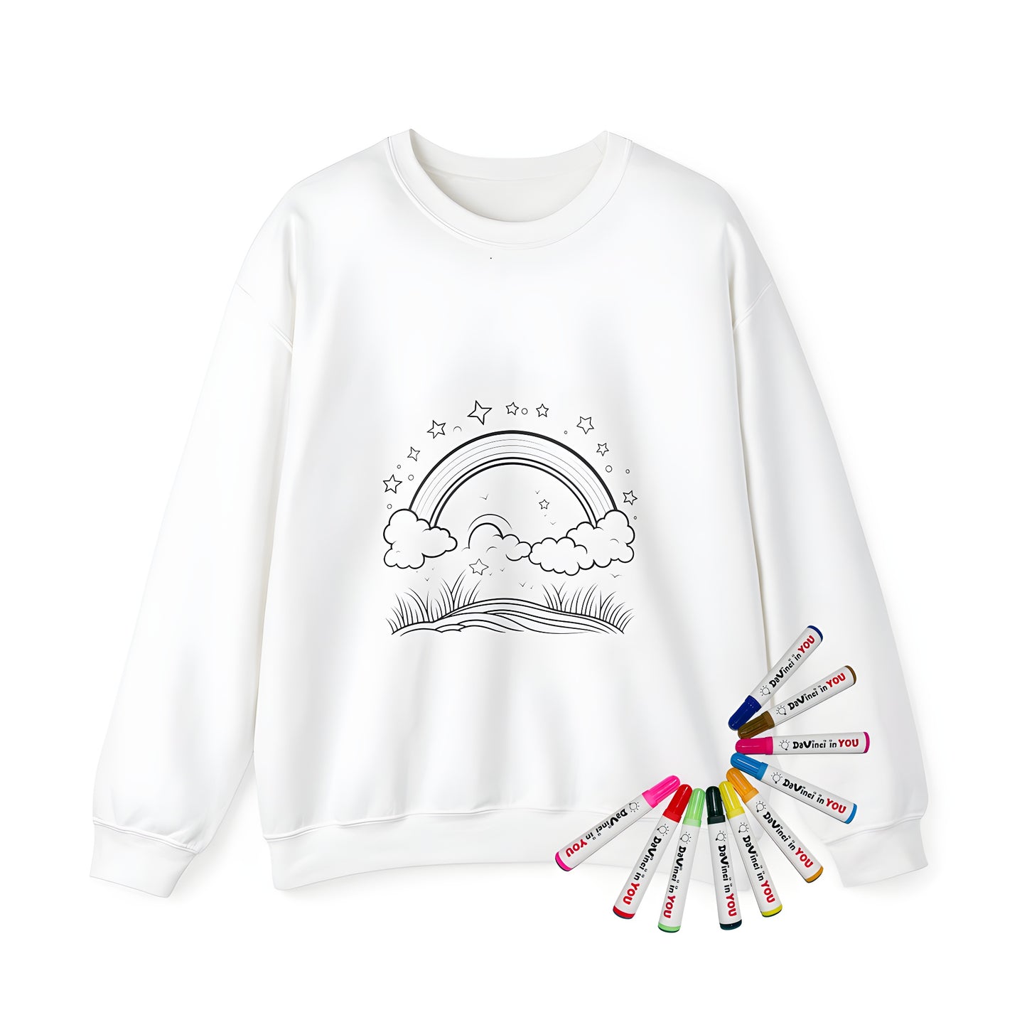 Adult sweatshirt with colorful Starry Night sky design featuring fluffy clouds and stars