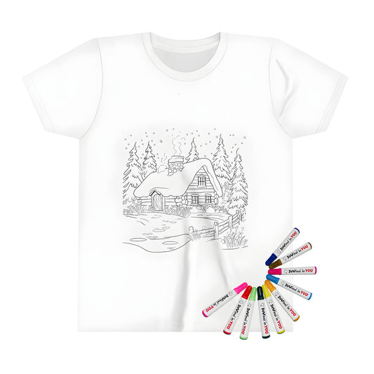 Cozy winter scene t-shirt for kids, featuring a charming cottage with pine trees and snow