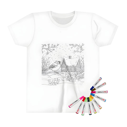 Cozy winter cottage coloring page on kid's t-shirt, snowy landscape with bird perched