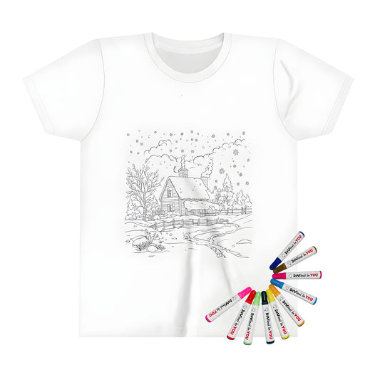 Kid's t-shirt with cozy cottage design featuring snowy winter scene and fabric markers