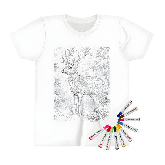 Snowy woodland design kid's t-shirt featuring a deer illustration