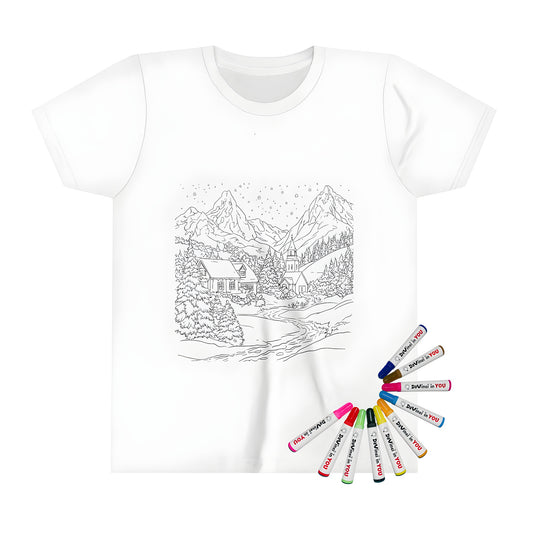 Kid's T-shirt featuring a colorful mountain village landscape with snowy houses and pine trees, under a starry sky with snowflakes.