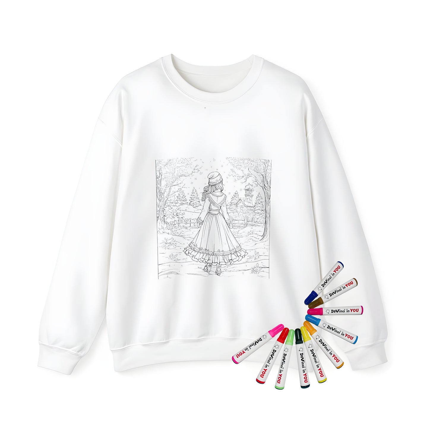 Adult sweatshirt with vibrant coloring kit design featuring winter scene artwork of girl in snowy landscape