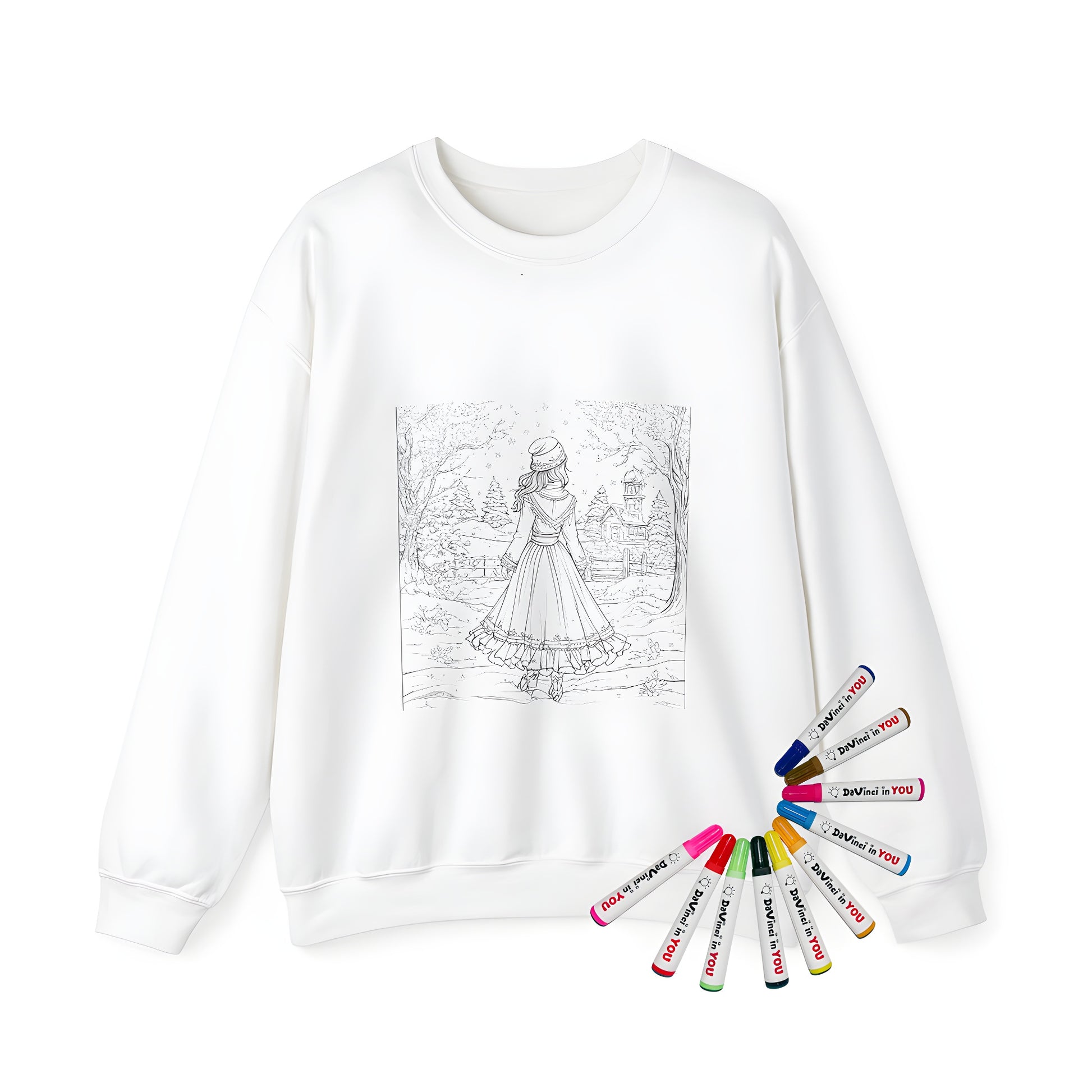 Adult sweatshirt with vibrant coloring kit design featuring winter scene artwork of girl in snowy landscape