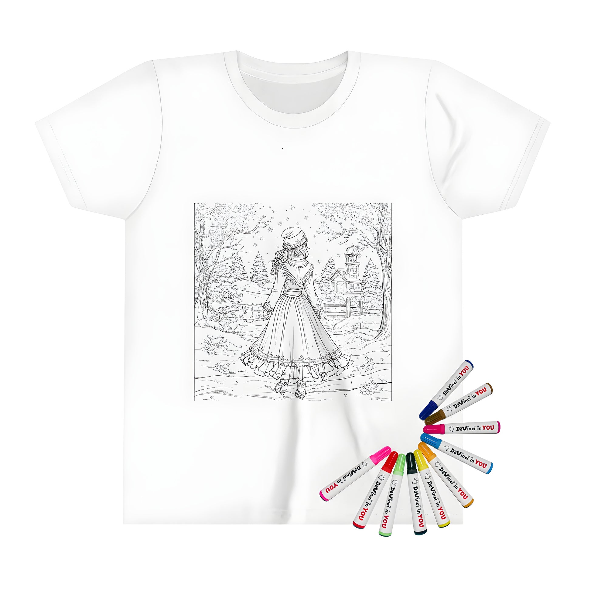 Girl in a long dress stands in a snowy landscape surrounded by trees and a house - kids tshirt