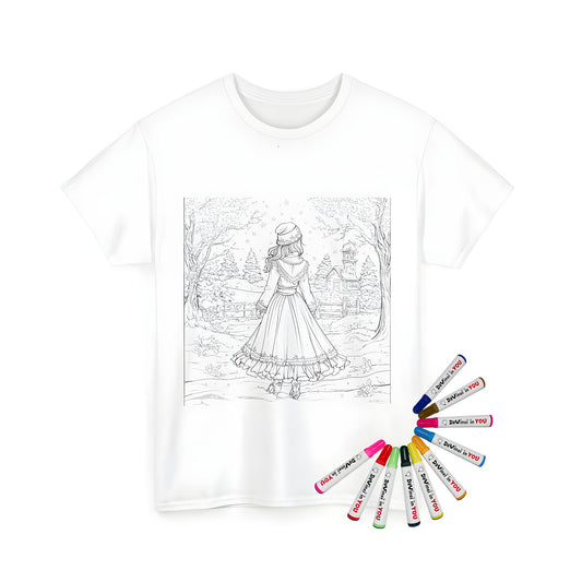 Unisex t-shirt with winter scene coloring page design, featuring a girl in a long dress standing in a snowy landscape with trees and a house in the background.