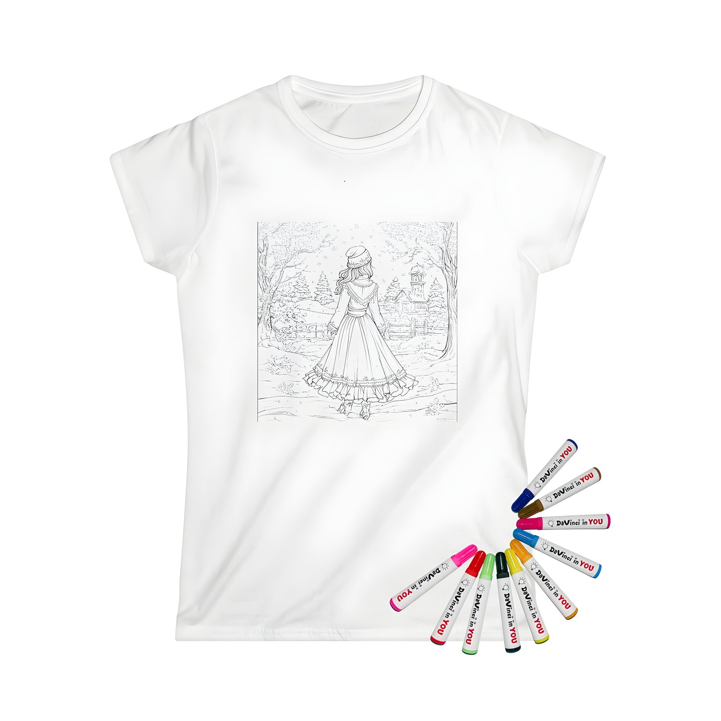 Women's t-shirt featuring a colorful winter scene design with a girl standing in a snowy landscape surrounded by trees and a house