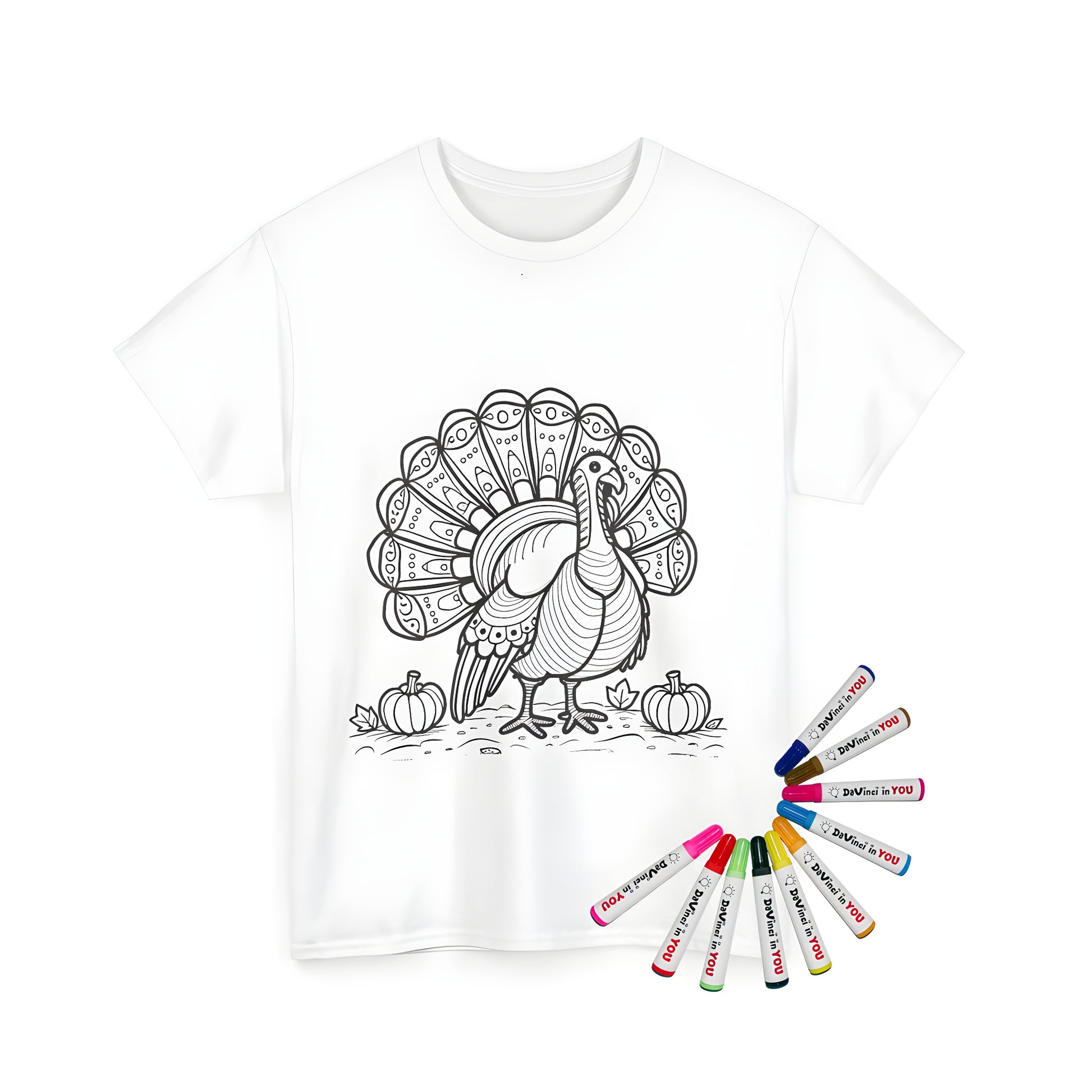 Festive autumn t-shirt design featuring a turkey illustration amidst pumpkins and leaves, great for kids and adults coloring activities