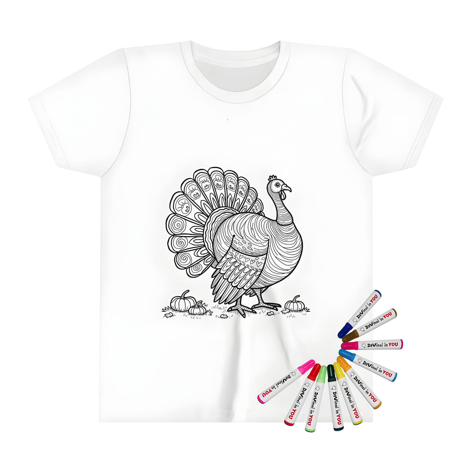 Kid's t-shirt featuring a fun turkey design for boys, great for coloring and thanksgiving activities