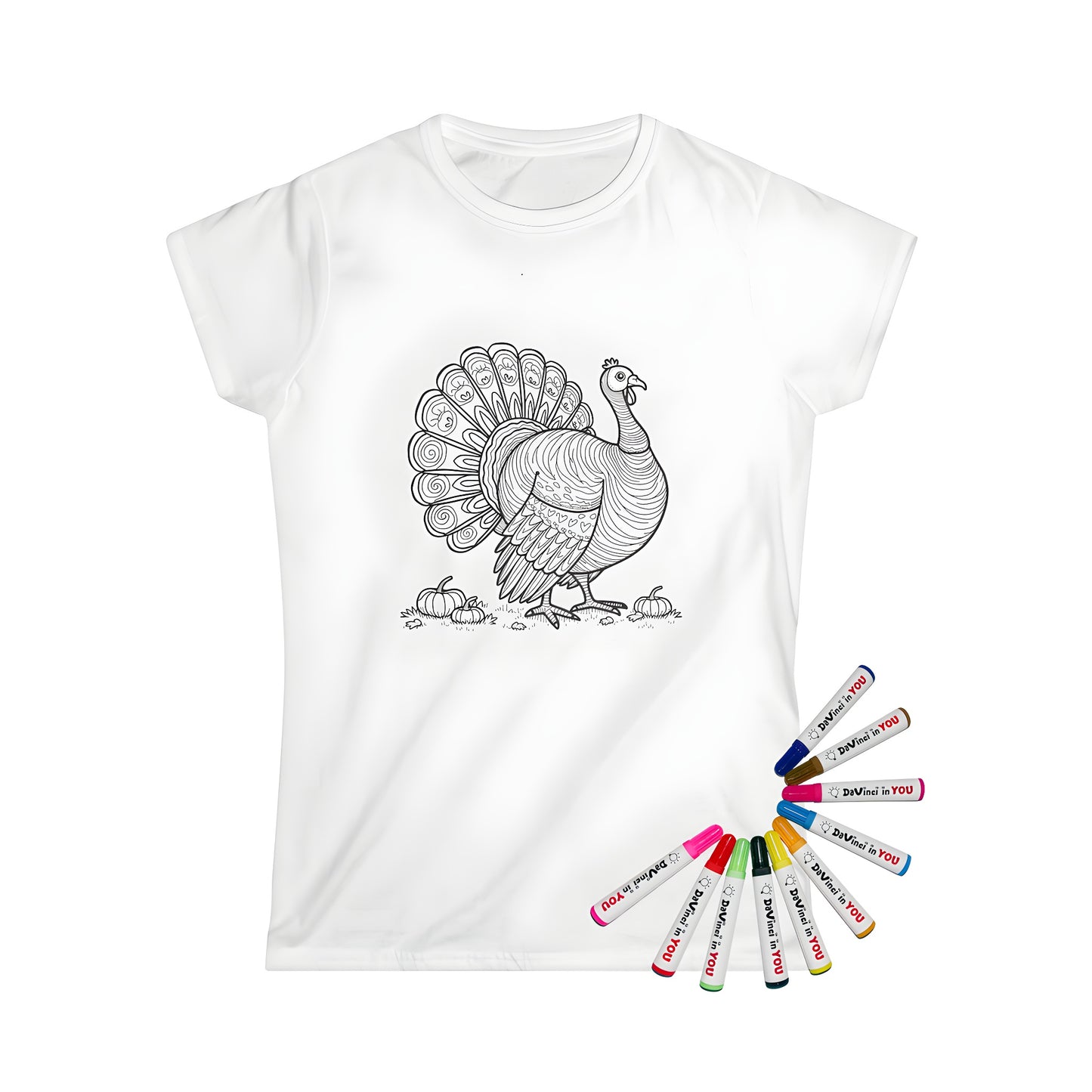 Women's t-shirt with colorful turkey design and pumpkins for Thanksgiving coloring page