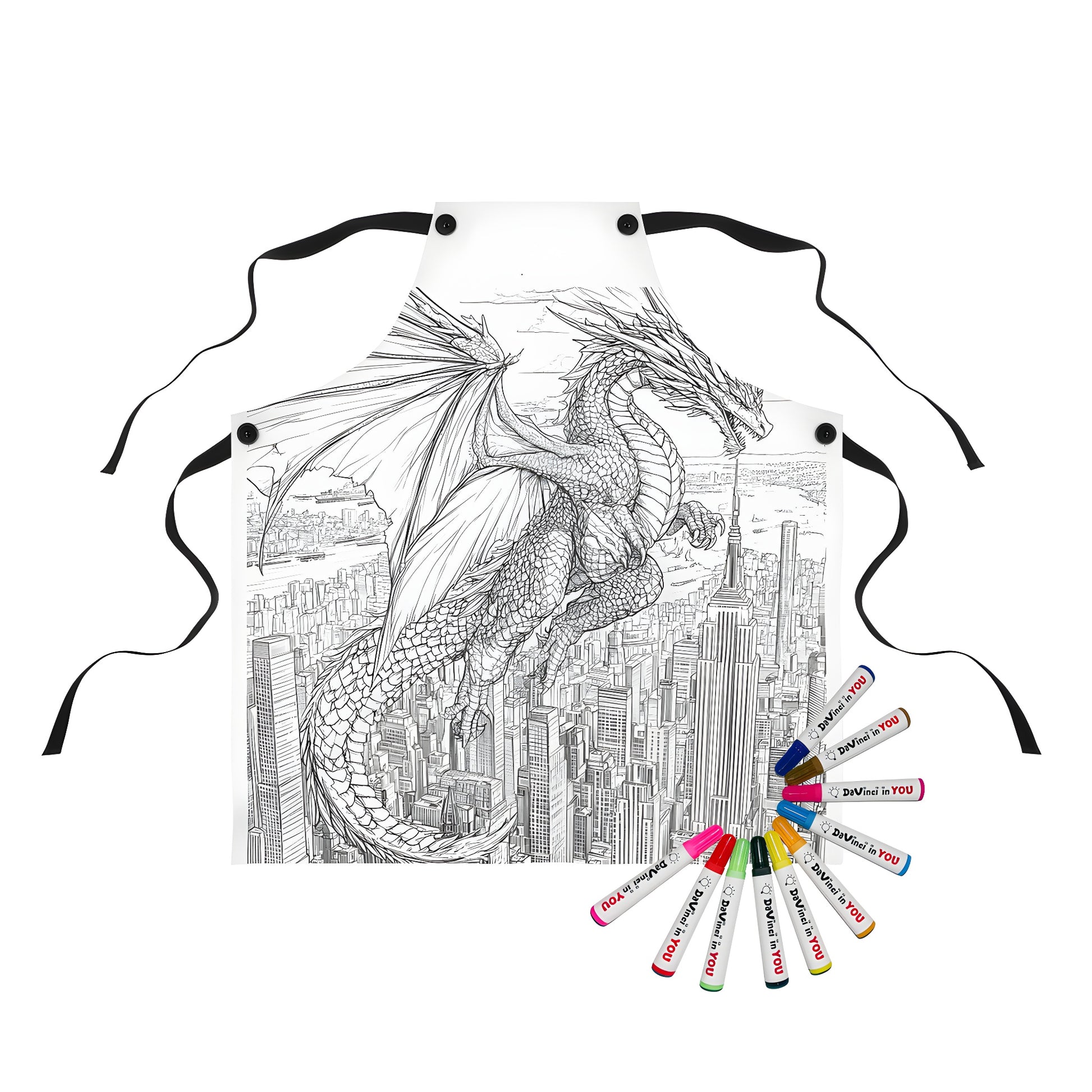 Apron featuring an epic illustration of a mythical dragon soaring over a bustling metropolis, perfect for adult coloring fans