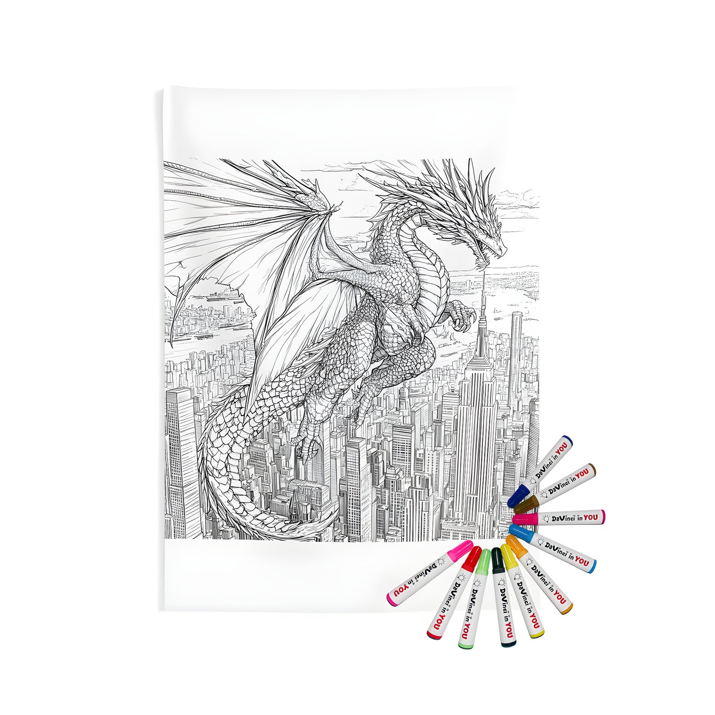 Indoor wall tapestries art featuring a majestic dragon soaring over a cityscape illustration, home decor fabric hanging