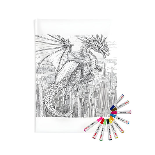 Indoor wall tapestries art featuring a majestic dragon soaring over a cityscape illustration, home decor fabric hanging