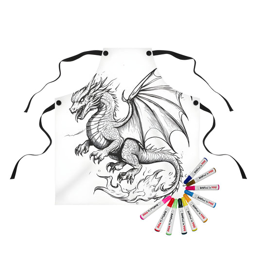 Coloring apron with a detailed black and white illustration of a fierce dragonfly, lizard, mythical creature with large wings and scales, flames, fantasy beast