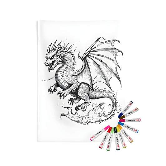 Coloring page inspired indoor wall tapestry of a fierce monster with scales and flames, reminiscent of a mythical beast like dragon or lizard