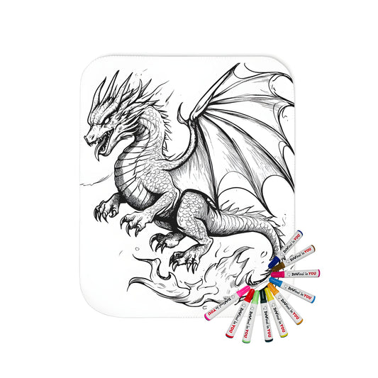 Cozy blanket with a detailed dragon illustration, perfect for coloring and snuggling