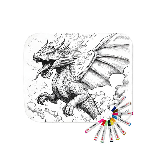 Blanket with coloring page inspired dragon design, featuring fiery scales and wings