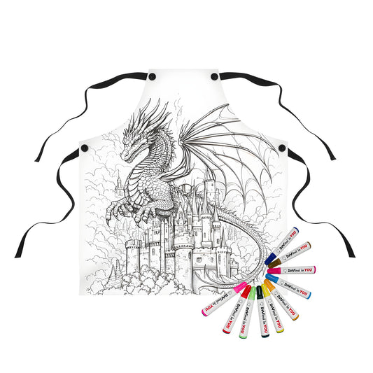 Coloring apron with dragon illustration and castle design, featuring a majestic dragon perched atop a medieval castle, surrounded by fluffy clouds