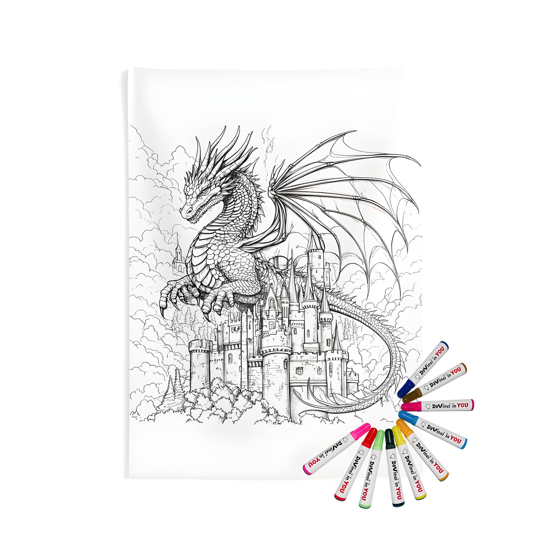 Indoor wall tapestry with intricate dragon design and medieval castle backdrop