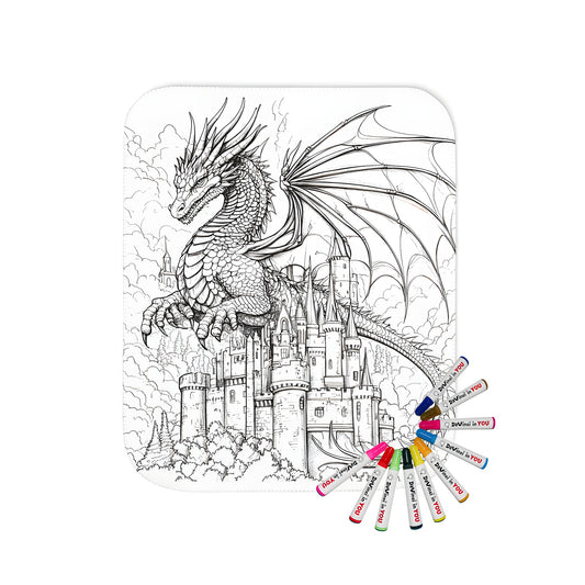 A blanket featuring an elaborate dragon and medieval castle design for a unique coloring experience with fabric markers