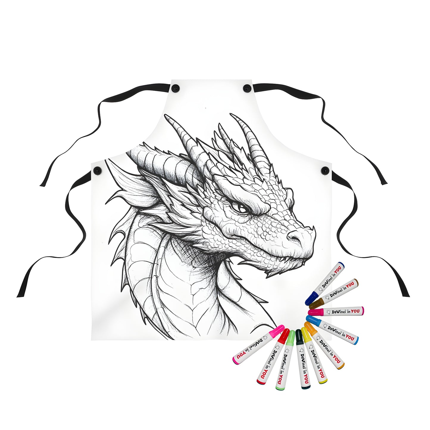 Coloring apron featuring an illustrated dragon's head design, made with intricately scaled fabric markers