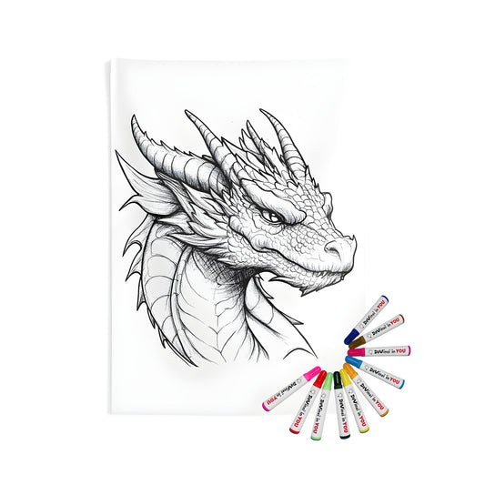 Indoor wall tapestry art featuring a detailed dragon illustration, perfect for coloring