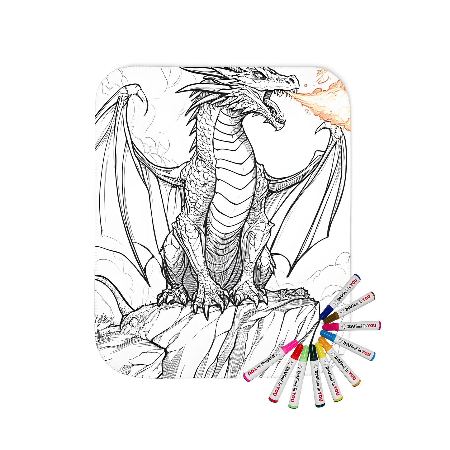 Blanket featuring a fiery dragon design, intricate scales and fierce expression, perfect for coloring enthusiasts