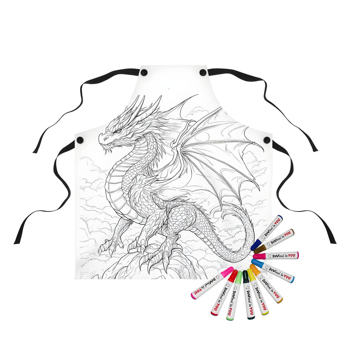 Apron featuring a detailed line drawing of a dragon with intricate scales and wings perched atop rocks with clouds