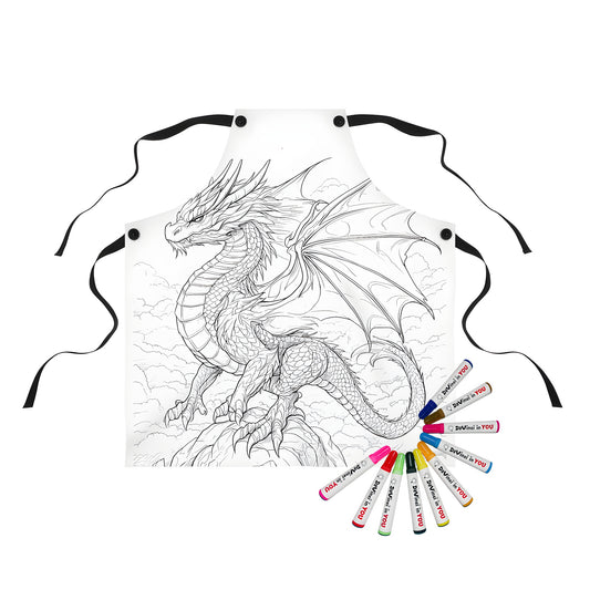 Apron featuring a detailed line drawing of a dragon with intricate scales and wings perched atop rocks with clouds