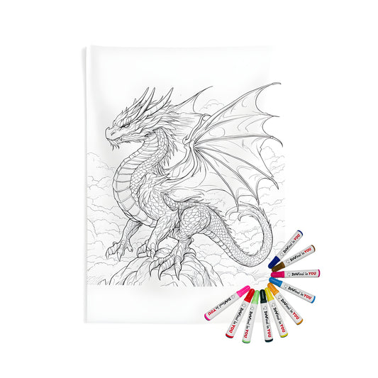 Detailed illustration of a fiery dragon on an indoor wall tapestry for home decor