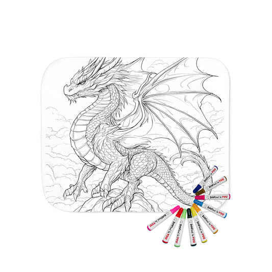 A beautiful blanket with a detailed line drawing of a dragon, featuring intricate scales and wings, perched atop rocks with clouds in the backdrop. Perfect for any fan of mythical creatures, including dragons, beasts, fire-breathers, or serpents.