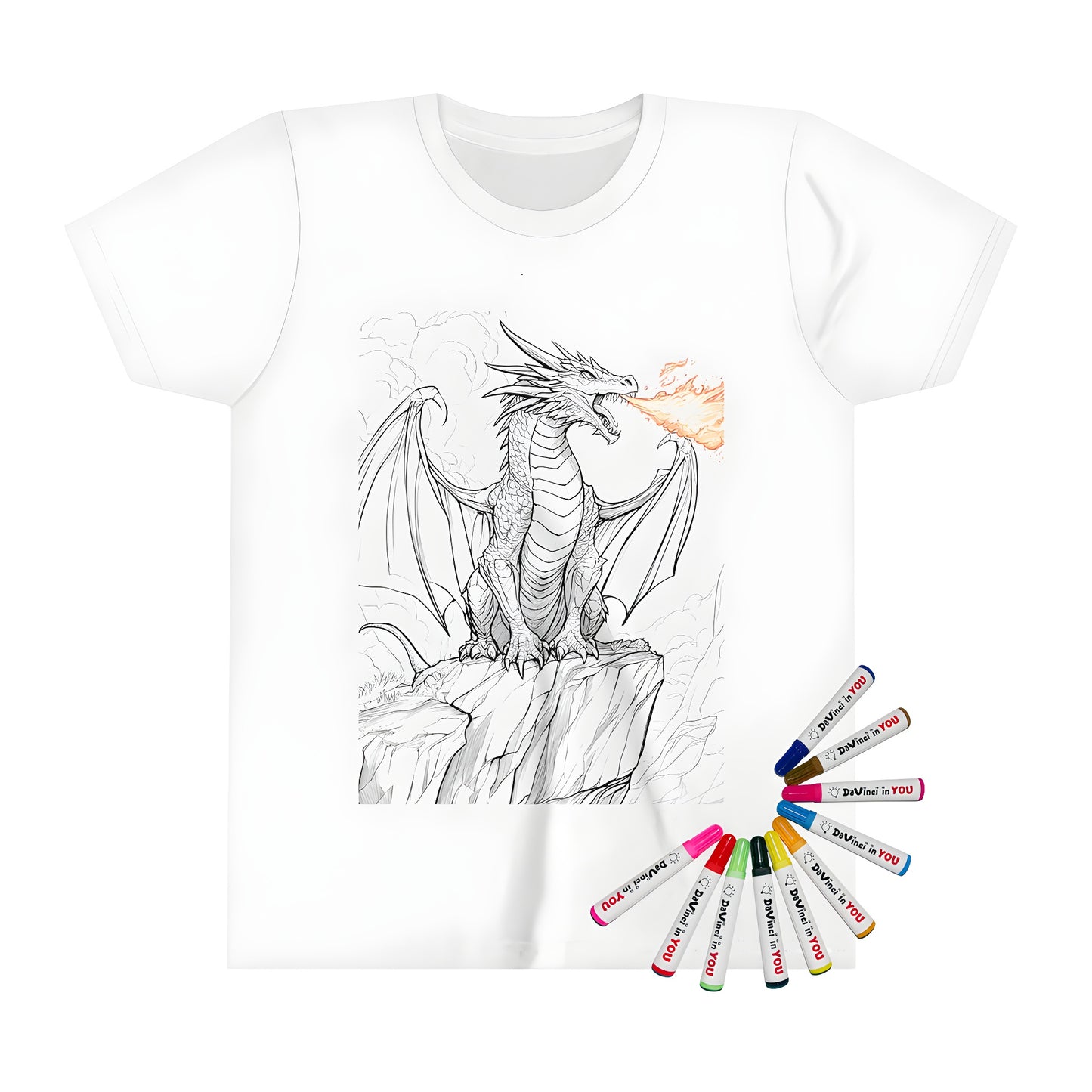 Colorful kids t-shirt featuring a fantasy dragon illustration on a cliff