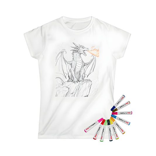 Women's t-shirt with fire-breathing dragon design, colorful and detailed illustration of mythical creature