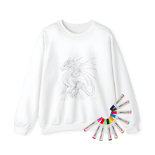 Adult coloring sweatshirt kit featuring a detailed line drawing of a dragon, scale, wings, and rocks design for creative hobbyists