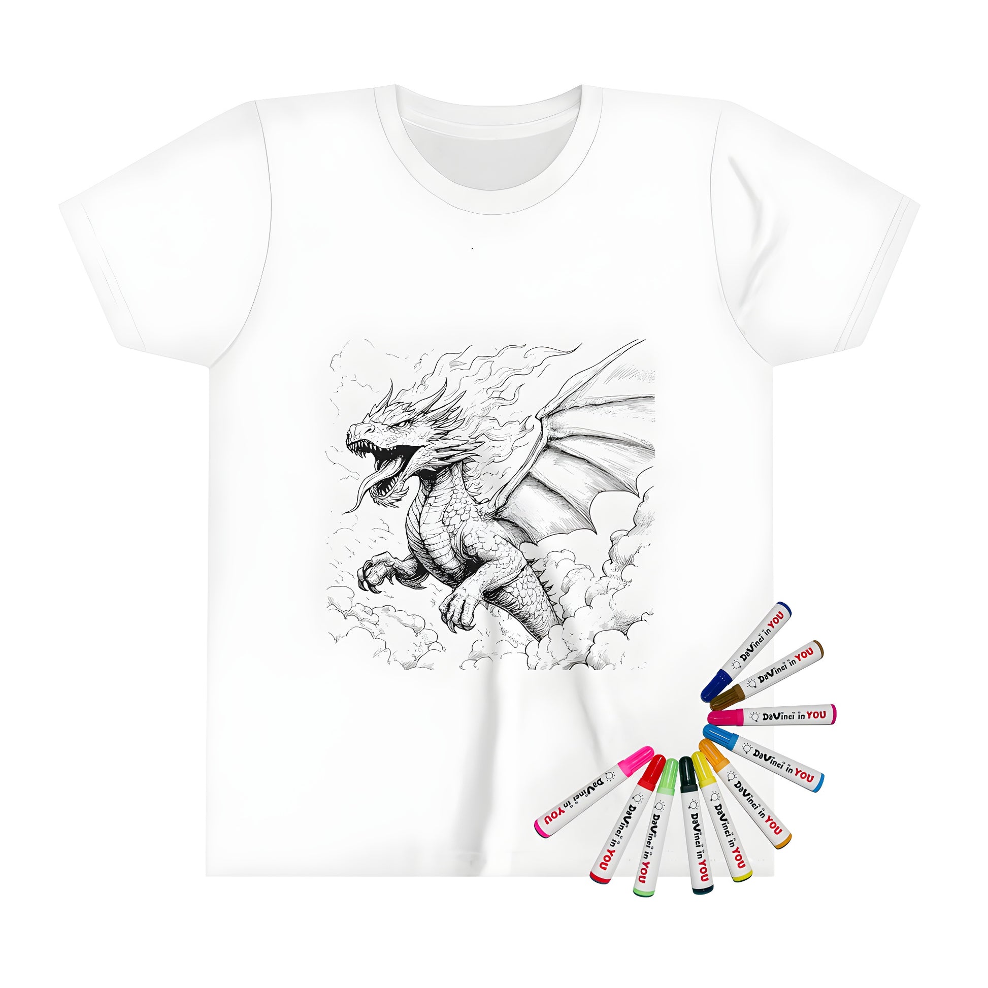 Kids t-shirt featuring a colorful dragon design with fiery scales and large wings