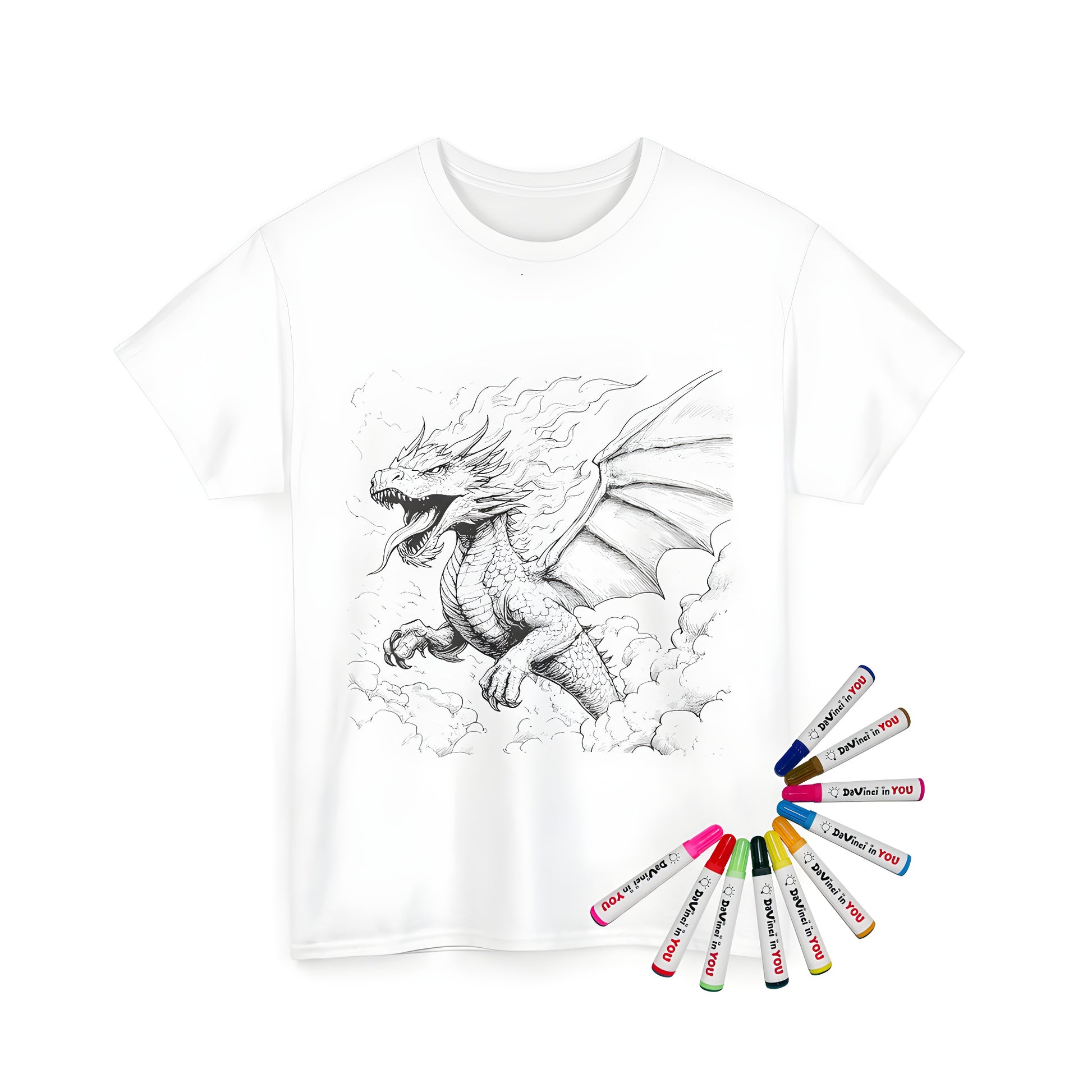 Coloring kit with Unisex t-shirt featuring an illustration of a fierce dragon with fiery scales and large wings