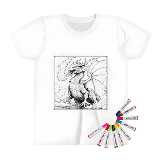 Detailed illustration of a fiery dragon on a kid's t-shirt, sharp scales and wings, fantasy adventure theme